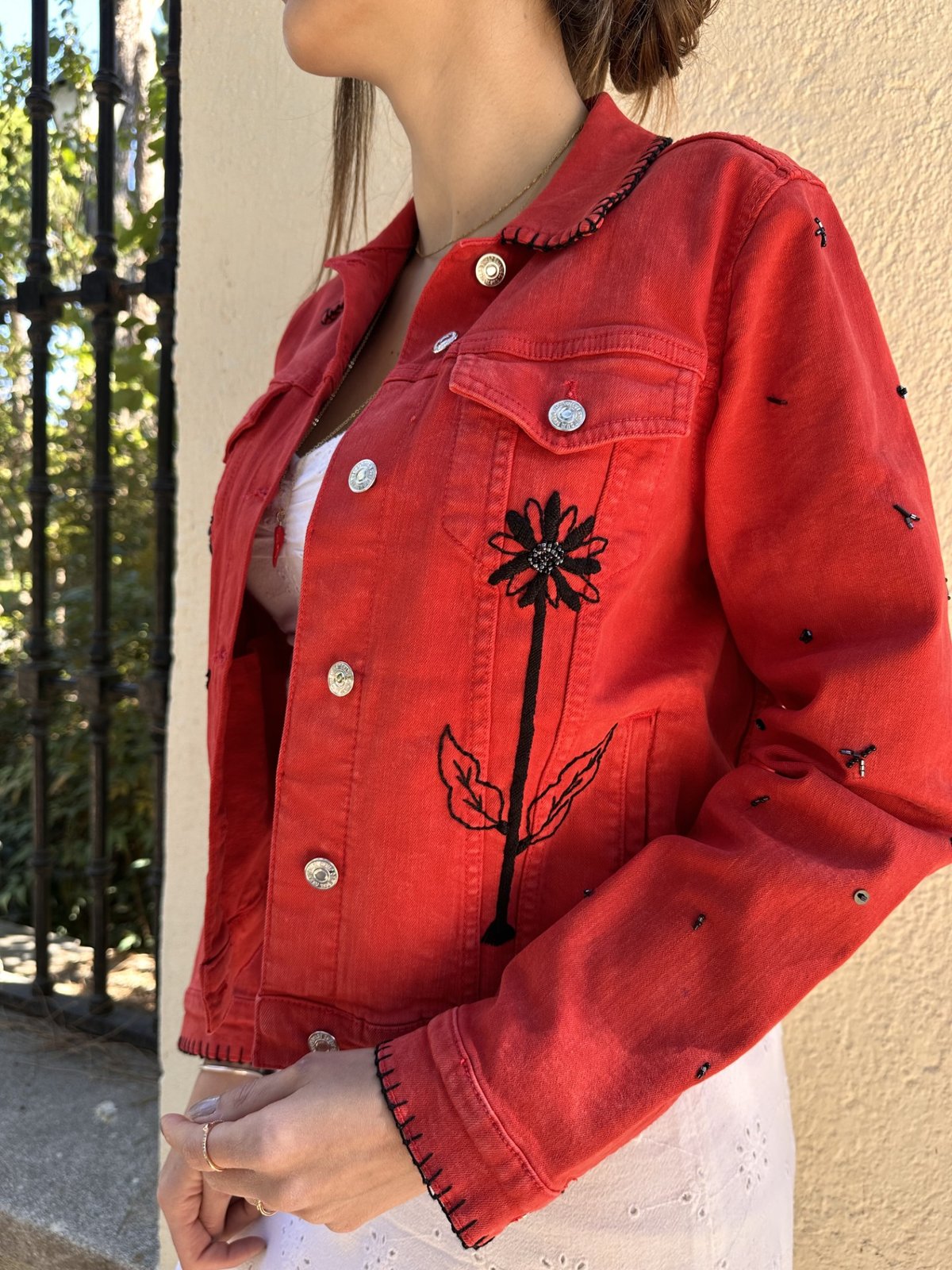 Red jacket with black flowers | Sandra Embroidery Art
